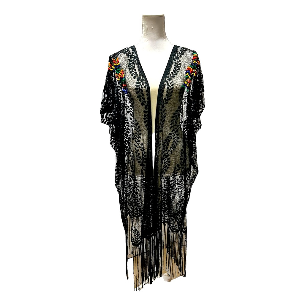 Lace Embroidery Fringe Hem Sheer Boho Shawl cover up one size